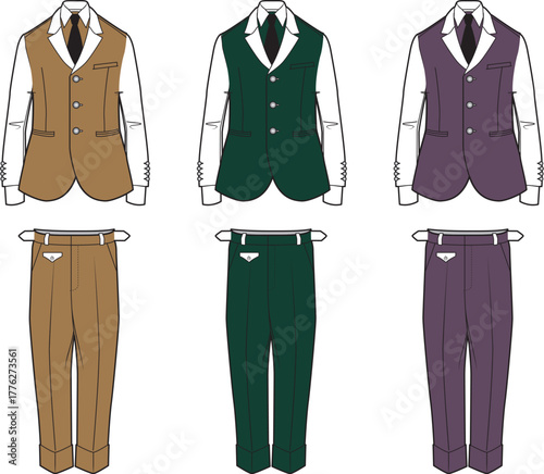 Classic men's formal outfits illustration with waistcoats, shirts, and trousers. Elegant fashion ensembles in diverse colors for design concepts