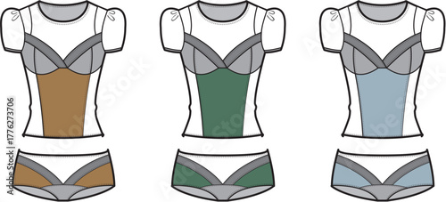 Fashion illustrations of three different colored lingerie sets with a symmetrical design, creative wear