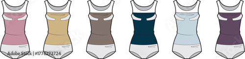 A collection of fashion flat technical drawings depicting a women's one-piece swimsuit design presented in a palette of multiple color options