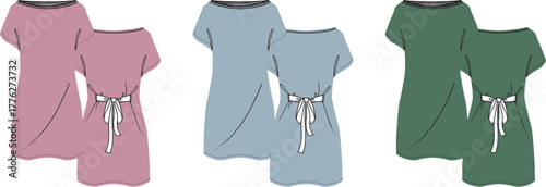 Elegant Simple Dress Illustrations Set with Tie Belt, Fashion Designs for Women