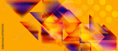 Abstract geometric shapes dominate vibrant orange background. Triangles, squares, circles create dynamic composition. Colors blend, offering modern aesthetic.