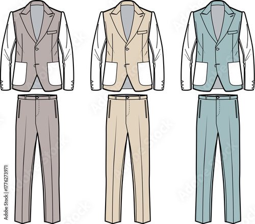 Collection of men's two-piece suits featuring a waistcoat and pants. Technical fashion design template in multiple colorways