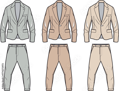Elegant Men's Suit Fashion Illustration Set in Three Color Variations