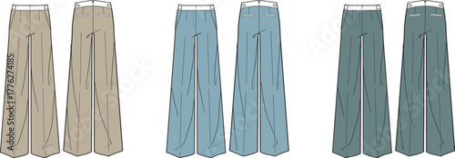 Various Pant Styles Illustration Explore Beige, Blue, and Green Trousers for Fashion Design and Concepts