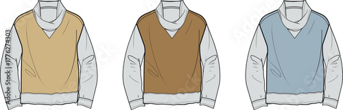 Technical drawing of a layered long-sleeve shirt with a V-neck sweater vest, showcasing various color options for fashion apparel design and development concepts