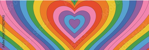 Concentric rainbow hearts create a vibrant and colorful abstract pattern with a retro, groovy aesthetic