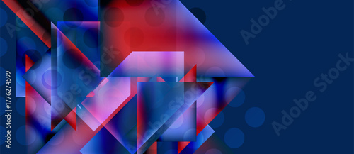 Abstract geometric shapes, vibrant colors blend. Blue, red, pink dominate composition. Modern digital art style.
