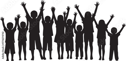 Diverse group of children celebrating together with raised arms in a silhouette graphic