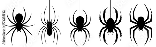 Halloween Spiders Silhouettes – Spooky & Creepy Black Spiders Hanging from Web – Spooky Vector Illustration for Decor, Printables, Cards & Halloween Graphics