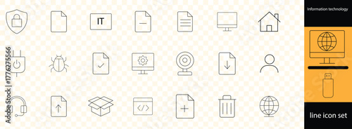 Information technology line icon set . IT icons for web and mobile app. Programming, network, website, technology progress, internet, devices, server, data. Vector illustration