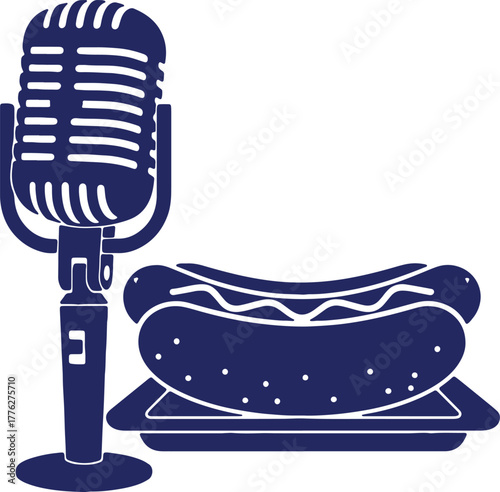 Podcast about Food a microphone stands next to a hotdog in a minimalist vector art style