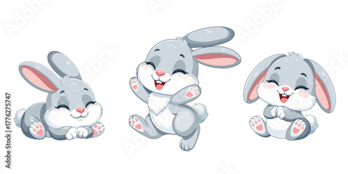 A set of cute and happy little rabbits, sweetly smiling on a white background. Perfect for Easter Bunny themes or children designs. Vector illustration in flat cartoon style.
