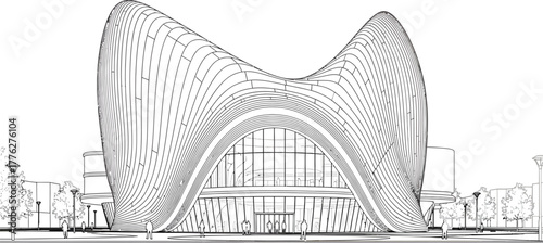 Striking architectural drawing of a modern building with undulating facade and symmetrical design
