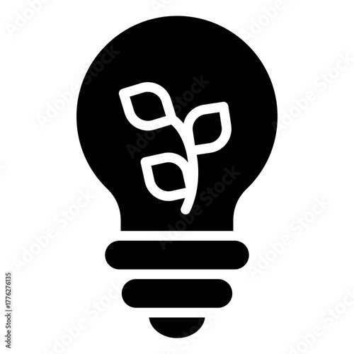 Eco Light Glyph Black Silhoutte Icon Design Vector - light bulb with a small plant sprouting inside, symbolizing green energy and sustainability