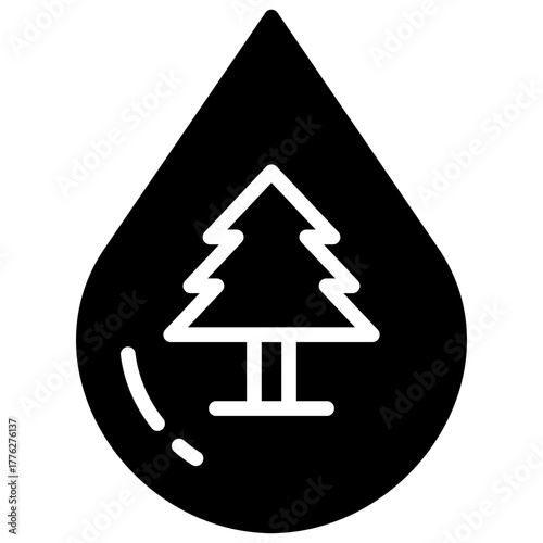 Water Drop Glyph Black Silhoutte Icon Design Vector - A drop of water with a tree inside, symbolizing forest conservation and clean water resources