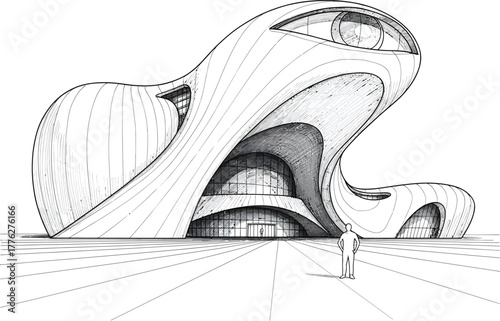 Futuristic architectural sketch of a flowing organic building with a lone figure walking towards the entrance