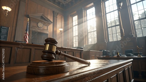 A powerful judge’s gavel striking the sound block in a grand courtroom, symbolizing law and justice. Hyper-detailed, cinematic lighting for professional legal themes