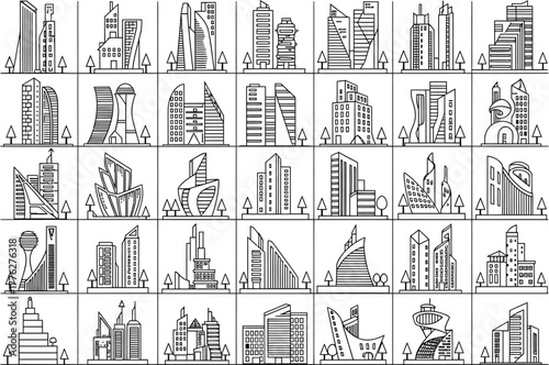 Collection of diverse hand drawn architectural sketches of modern and futuristic city buildings and skyscrapers