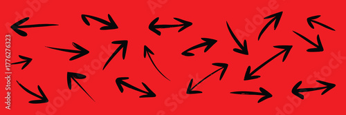 Collection of handdrawn black arrows pointing in various directions on a vibrant red background