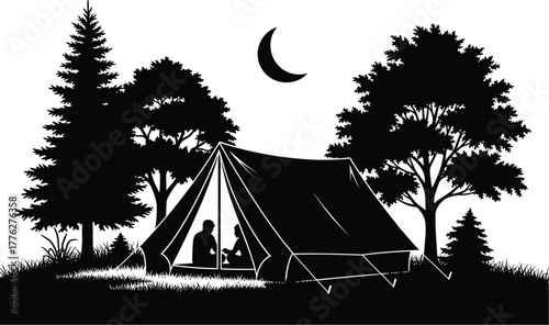 Silhouette of a cozy tent pitched in a forest clearing under a crescent moon at night