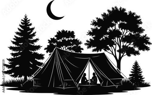 Silhouette of a cozy tent nestled amongst trees under a crescent moon at night