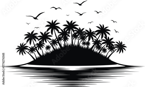 Silhouette of a tropical island paradise with palm trees and birds flying over calm water reflection