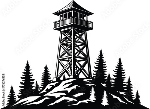 Vintage illustration of a rustic fire lookout tower perched atop a rocky hill surrounded by evergreen trees