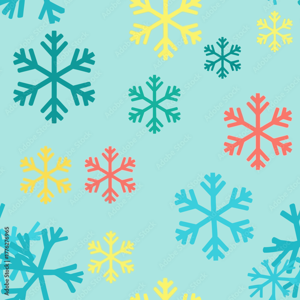 Fototapeta premium A seamless pattern of colorful snowflakes in various sizes and shades of blue, yellow, and coral against a light blue background.
