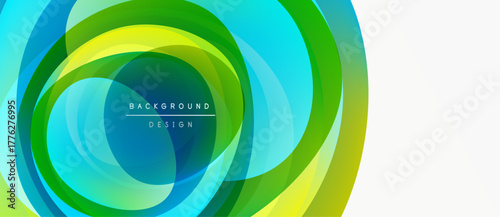 Abstract colorful layers create dynamic circular design. Bright hues blend, forming modern background element. Smooth gradients suggest movement.