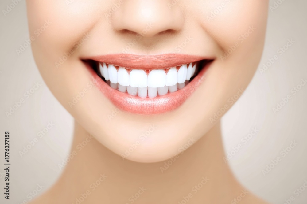 Obraz premium Elevate your smile: a journey to flawless and healthy teeth. Pure emotion. Young woman's perfect smile showcasing a commitment to dental health. Photojournalism. Raw beauty.