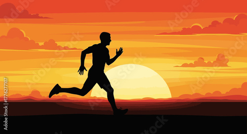 Dynamic silhouette of a male runner in powerful motion against a breathtaking sunset or sunrise, symbolizing health, endurance, and the relentless pursuit of fitness goals
