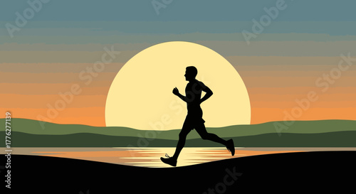 Dynamic silhouette of a male runner jogging by the water's edge at sunset, embodying a dedicated and healthy lifestyle amidst a serene natural landscape