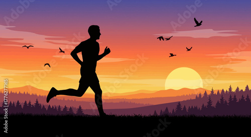 Silhouette of a man running through a serene natural landscape at a vibrant sunset, depicting a healthy and active lifestyle amidst majestic mountains and flying birds
