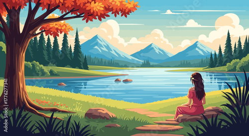 Discover tranquility as a woman meditates by a picturesque mountain lake, embraced by colorful autumn trees and a peaceful natural landscape