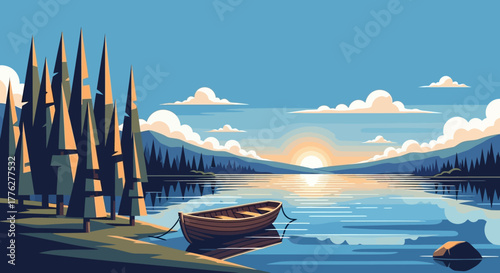 Vector illustration of a tranquil natural landscape with a boat on a calm lake during a beautiful sunset