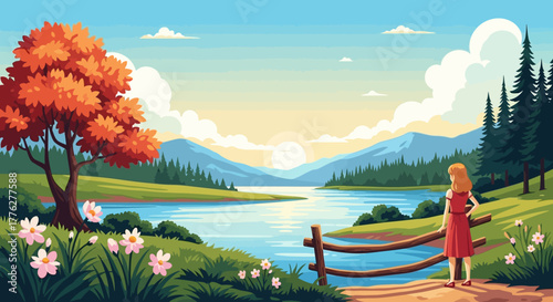 A lone figure stands on a peaceful lakeside path, captivated by the serene mountain vista and a vibrant sunrise painting the sky with warm, glowing hues