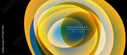 Abstract layers create vibrant circular design. Yellows, blues, greens blend smoothly. Modern aesthetic, suitable background element.