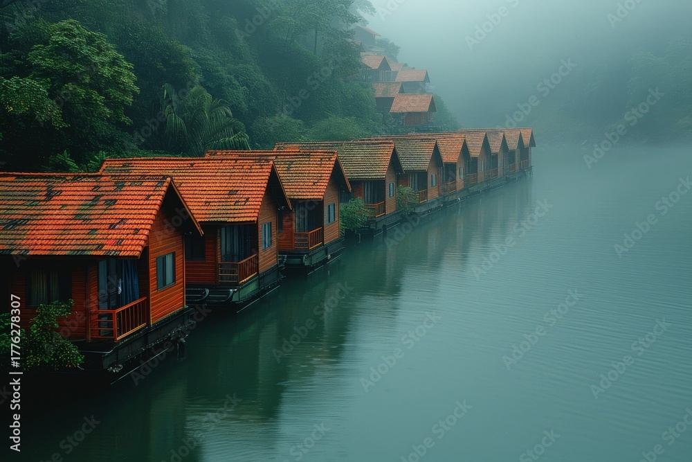 Naklejka premium Floating wooden cottages along a misty lake in a serene and tranquil setting at dawn