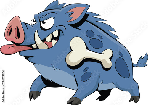 Angry blue boar cartoon character with sharp tusks and bones, wild animal mascot illustration in aggressive running action pose