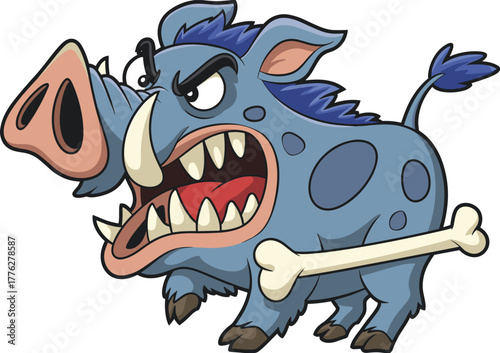 Angry blue boar cartoon character with sharp tusks and bones, wild animal mascot illustration in aggressive running action pose