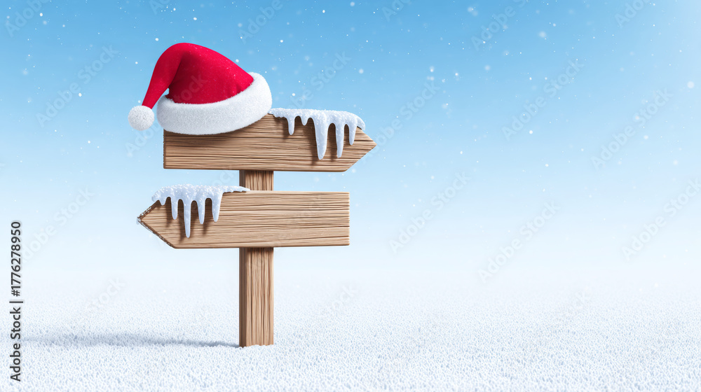 Fototapeta premium Wooden signpost with snow and icicles, topped with a festive red Santa hat, against a serene winter landscape, creating a cheerful holiday atmosphere