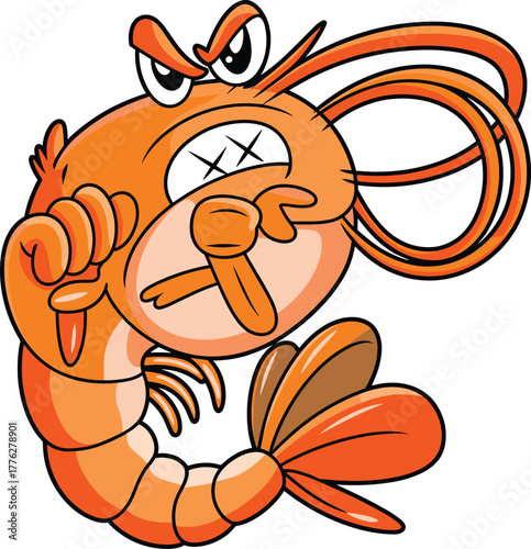 Angry cartoon shrimp character illustration, orange seafood mascot with clenched fists and fierce face, funny marine animal design artwork