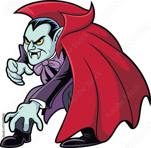Cartoon illustration of scary vampire character with red cape and sharp fangs, classic Halloween monster design for spooky horror theme