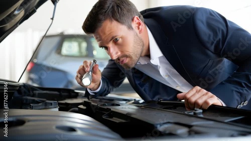 Expert inspecting car engine with flashlight before purchase, professional vehicle check for hidden damage, auto selection assistance for buyers