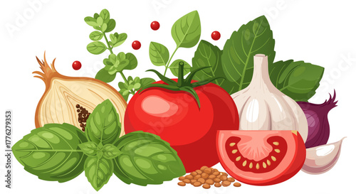 Culinary composition of fresh vegetables and herbs for Italian cuisine. Ripe tomato, aromatic garlic, basil, and oregano in a detailed vector design