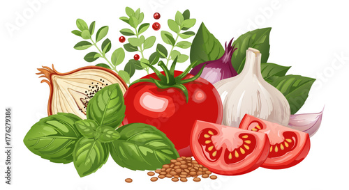 Fresh vibrant cooking ingredients illustration featuring ripe organic tomatoes, aromatic basil, oregano, garlic, and red onion, ideal for healthy culinary recipes