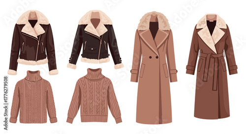 Collection of stylish women's warm winter outerwear in brown tones, featuring shearling jackets, long coats, and cozy sweaters.