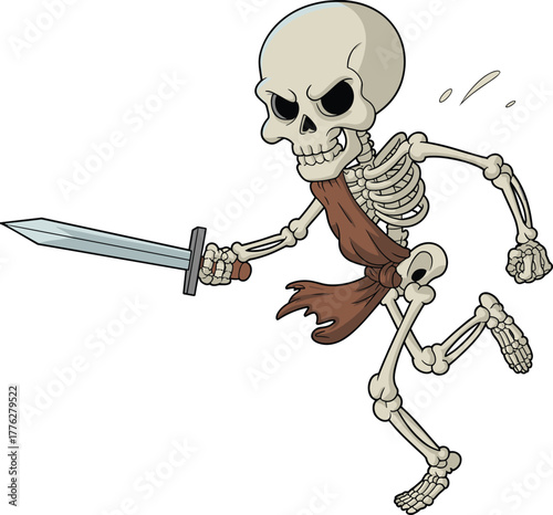Cartoon skeleton warrior holding sword, fantasy undead soldier character in tattered cloth, spooky Halloween monster illustration for game design