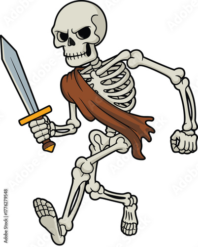 Cartoon skeleton warrior holding sword, fantasy undead soldier character in tattered cloth, spooky Halloween monster illustration for game design