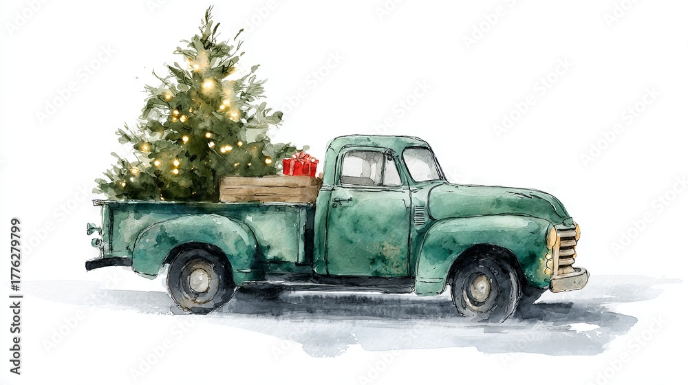Obraz premium Adorable watercolor truck carrying a decorated Christmas tree, symbolizing the joy and warmth of the holiday season, painted in soft festive tones to capture a cozy and cheerful winter spirit